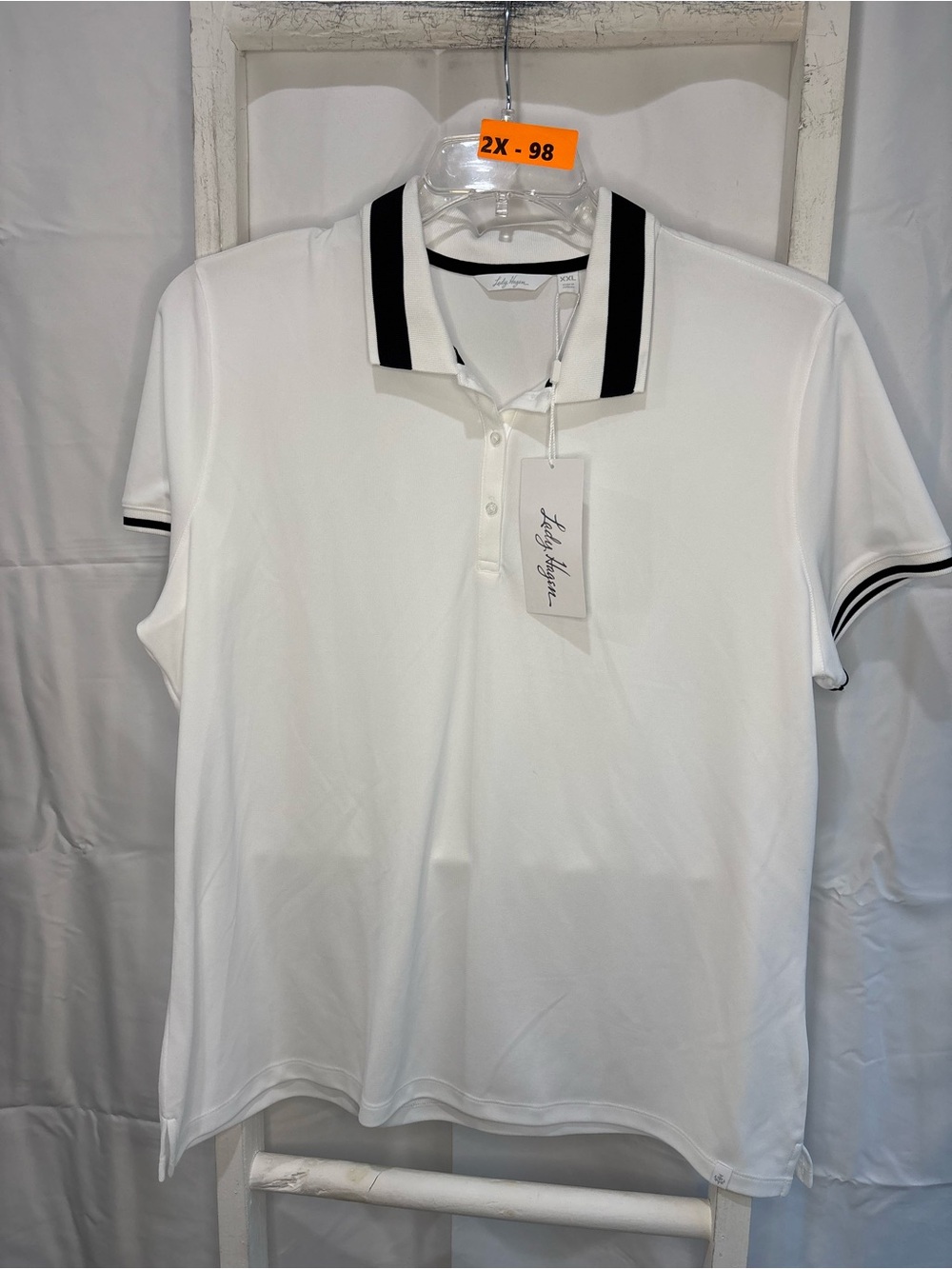 Lady Hagen White Polo with Black Trim Collar and Sleeve